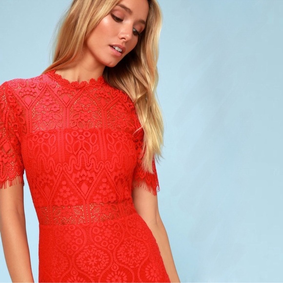 Lulus Red Lace Short Sleeve Mini Dress - Picture 3 of 14
